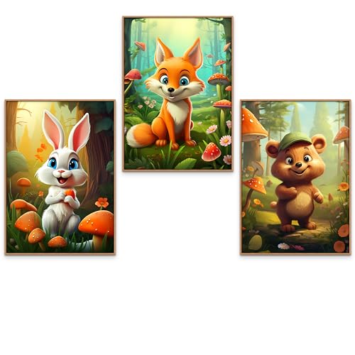 GrowArt - Premium Poster-Set im A3-Format - Märchenhafte Tiere im Wald, perfekt für das Kinderzimmer. Buntes Bild. Drei Fotos, die eine harmonische Komposition ohne Rahmen bilden. von GrowArt