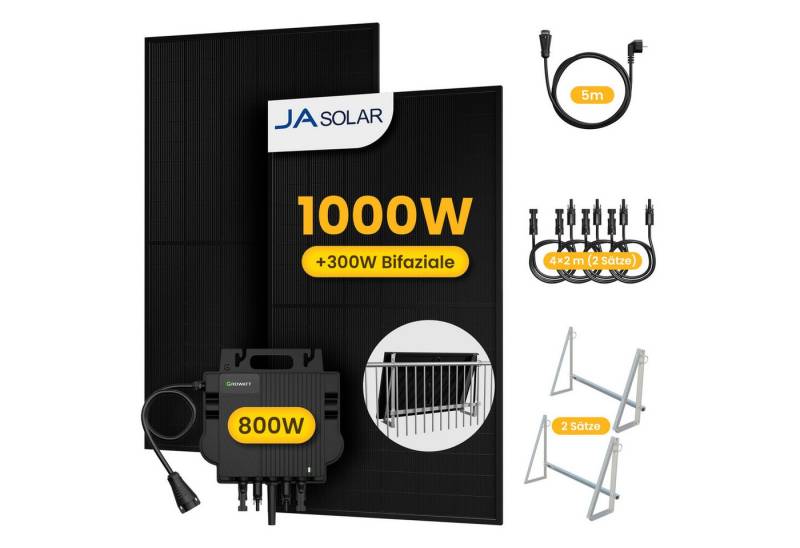 Growatt Balkonkraftwerk 1000W Solaranlage Solarmodule mit 800W Growatt Wechselrichter, (4 x 2m Solarpanel-Verlängerungskabel im Lieferumfang enthalten), Halterungen für Flachdach oder Balkon (optional) von Growatt