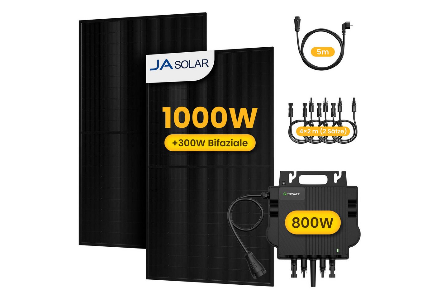 Growatt Balkonkraftwerk 1000W Solaranlage Solarmodule mit 800W Growatt Wechselrichter, (4 x 2m Solarpanel-Verlängerungskabel im Lieferumfang enthalten), Halterungen für Flachdach oder Balkon (optional) von Growatt