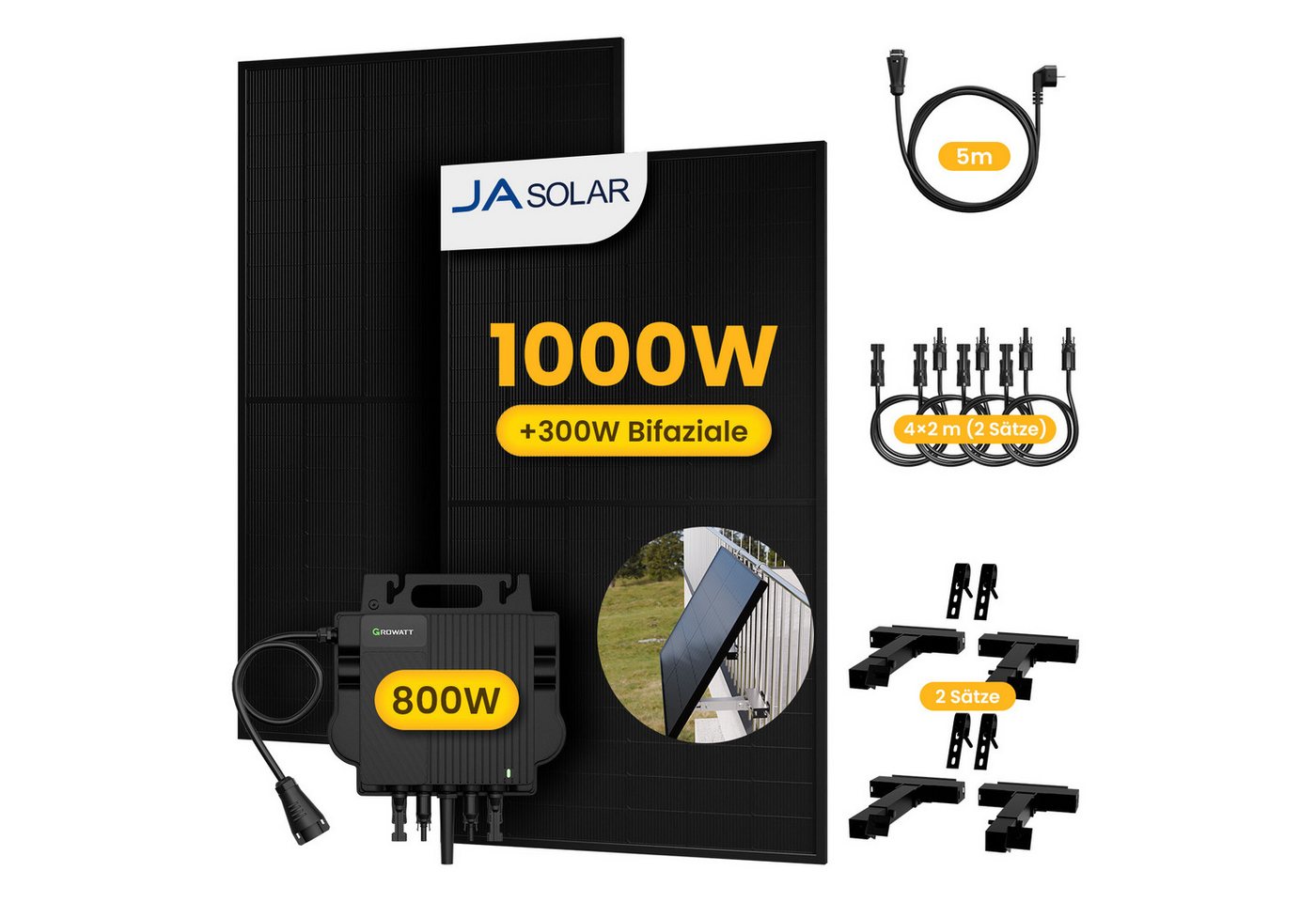 Growatt Balkonkraftwerk 1000W Solaranlage Solarmodule mit 800W Growatt Wechselrichter, (4 x 2m Solarpanel-Verlängerungskabel im Lieferumfang enthalten), Halterungen für Flachdach oder Balkon (optional) von Growatt