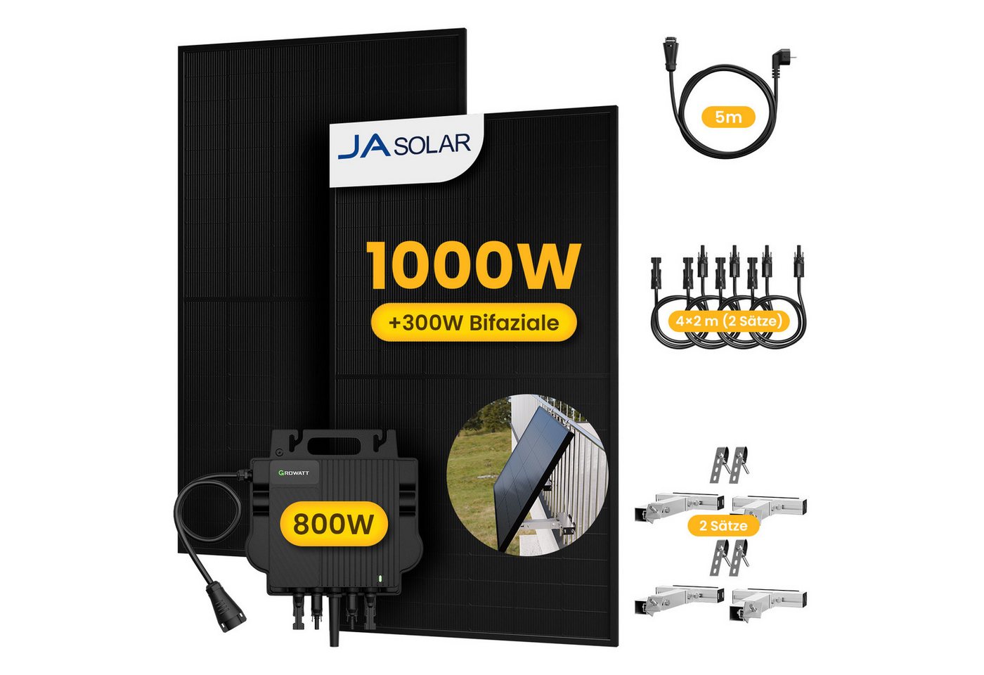 Growatt Balkonkraftwerk 1000W Solaranlage Solarmodule mit 800W Growatt Wechselrichter, (4 x 2m Solarpanel-Verlängerungskabel im Lieferumfang enthalten), Halterungen für Flachdach oder Balkon (optional) von Growatt
