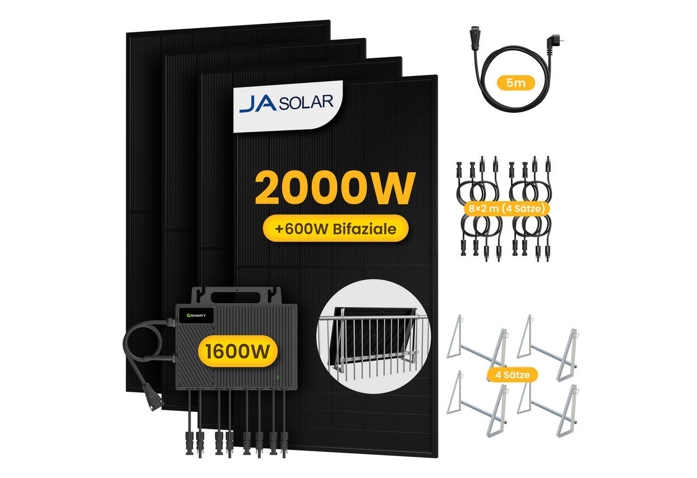 Growatt Balkonkraftwerk 2000W Komplettset Solaranlage mit Growatt 1600W Wechselrichter, (8 x 2m Solarpanel-Verlängerungskabel im Lieferumfang enthalten), Halterungen für Flachdach oder Balkon (optional) von Growatt