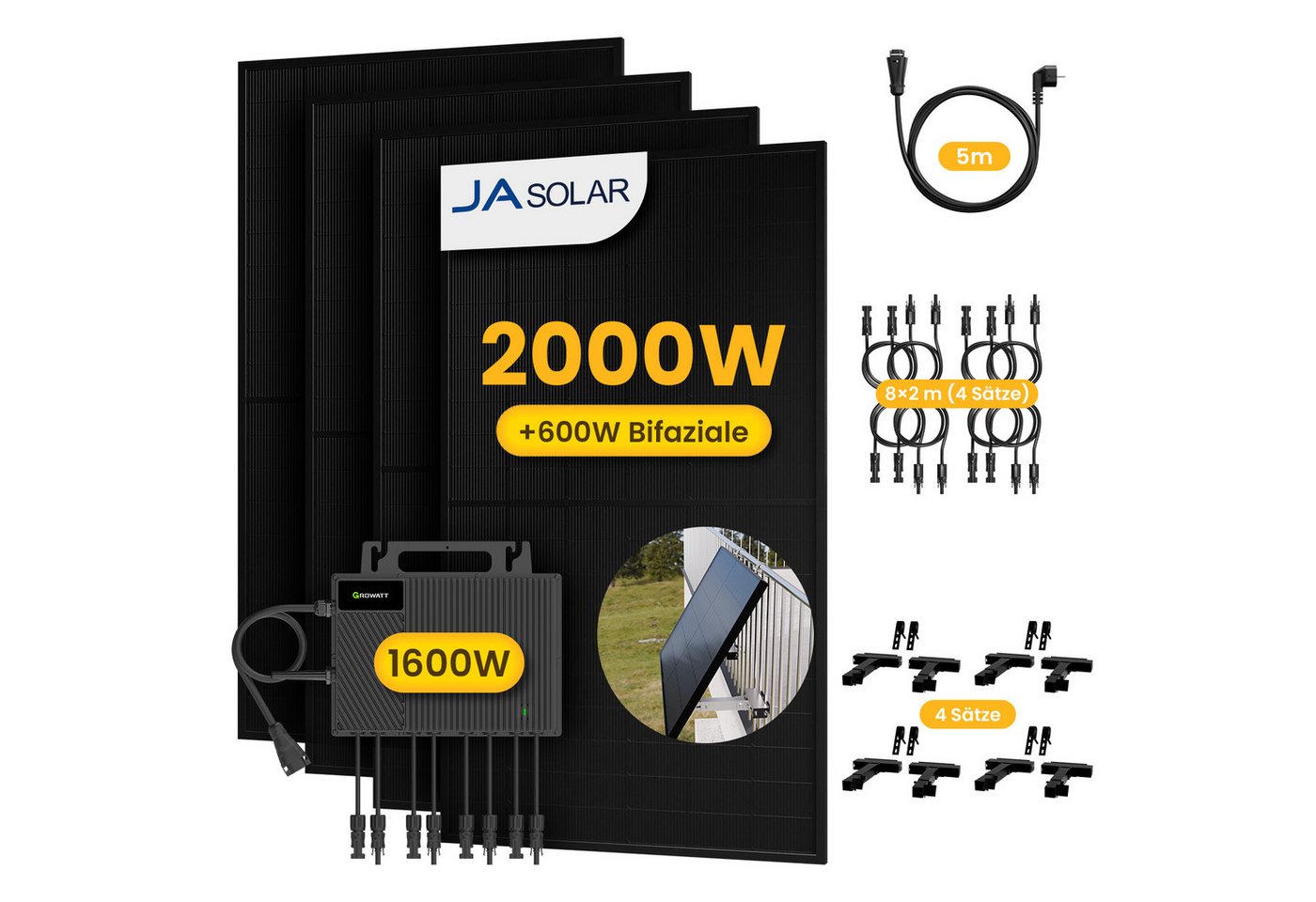 Growatt Balkonkraftwerk 2000W Komplettset Solaranlage mit Growatt 1600W Wechselrichter, (8 x 2m Solarpanel-Verlängerungskabel im Lieferumfang enthalten), Halterungen für Flachdach oder Balkon (optional) von Growatt