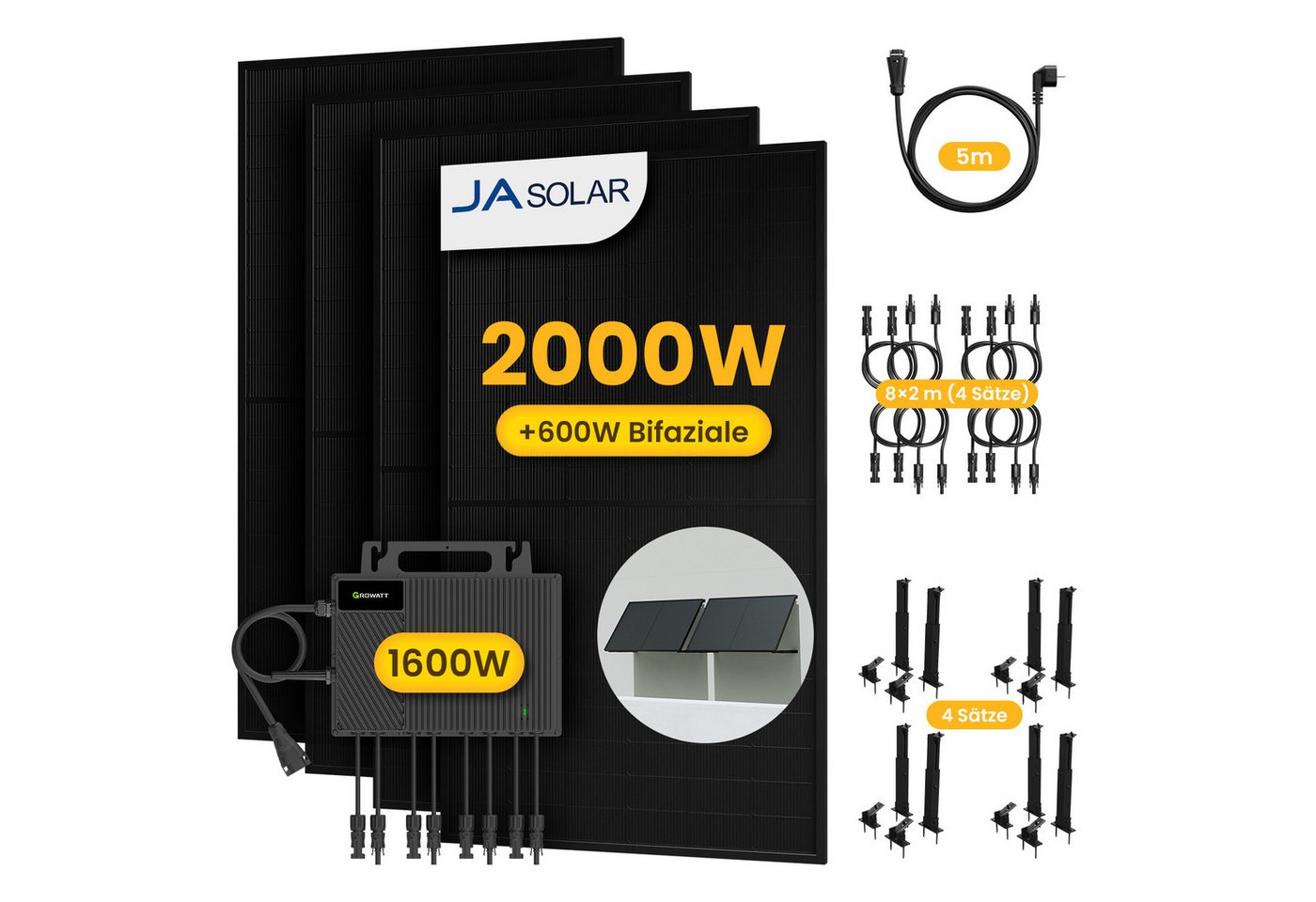 Growatt Balkonkraftwerk 2000W Komplettset Solaranlage mit Growatt 1600W Wechselrichter, (8 x 2m Solarpanel-Verlängerungskabel im Lieferumfang enthalten), Halterungen für Flachdach oder Balkon (optional) von Growatt