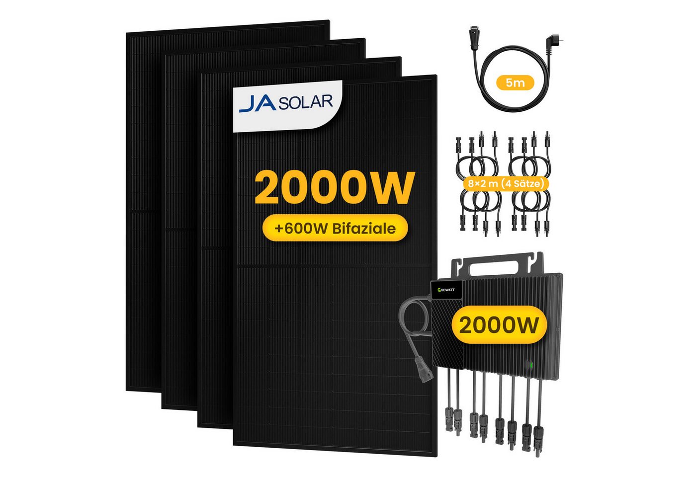 Growatt Balkonkraftwerk 2000W Komplettset Solaranlage mit Growatt 2000W Wechselrichter, (8x 2m Solarpanel-Verlängerungskabel im Lieferumfang enthalten), Halterungen für Flachdach oder Balkon (optional) von Growatt