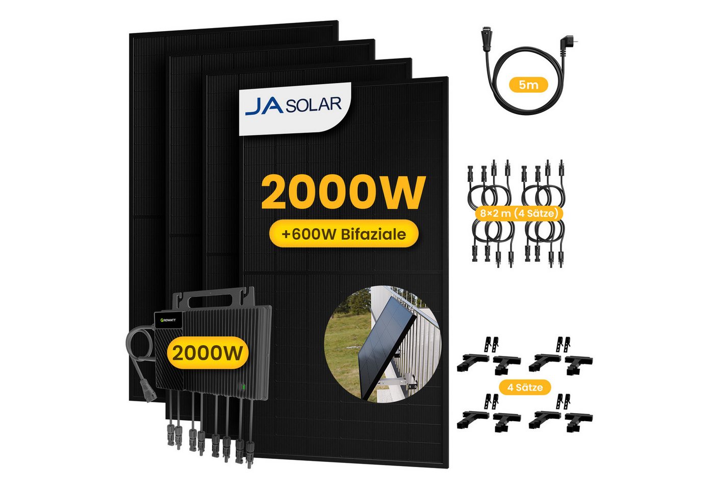 Growatt Balkonkraftwerk 2000W Komplettset Solaranlage mit Growatt 2000W Wechselrichter, (8x 2m Solarpanel-Verlängerungskabel im Lieferumfang enthalten), Halterungen für Flachdach oder Balkon (optional) von Growatt