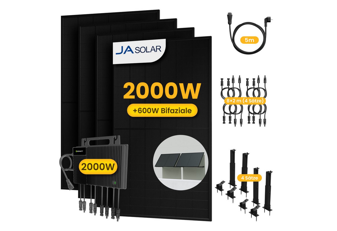Growatt Balkonkraftwerk 2000W Komplettset Solaranlage mit Growatt 2000W Wechselrichter, (8x 2m Solarpanel-Verlängerungskabel im Lieferumfang enthalten), Halterungen für Flachdach oder Balkon (optional) von Growatt
