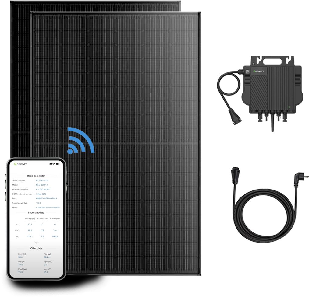 Growatt Balkonkraftwerk 870W Balkonkraftwerk Komplettset mit NEO 800W Mikro-Wechselrichter, 800 W, Monokristallin, (Set, 2-St., 2×435W JA Solar Modul+1×Growatt NEO 800W Mikro-Wechselrichter), mit 5M AC Kabel, Plug und Play von Growatt