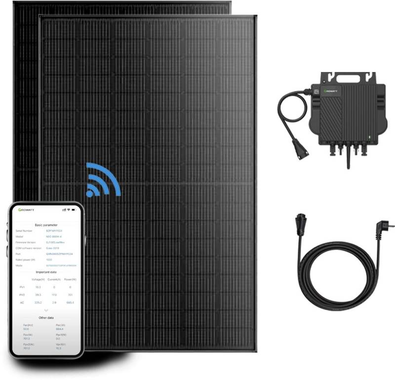 Growatt Balkonkraftwerk 870W Balkonkraftwerk Komplettset mit NEO 800W Mikro-Wechselrichter, 800 W, Monokristallin, (Set, 2-St., 2×435W JA Solar Modul+1×Growatt NEO 800W Mikro-Wechselrichter), mit 5M AC Kabel, Plug und Play von Growatt