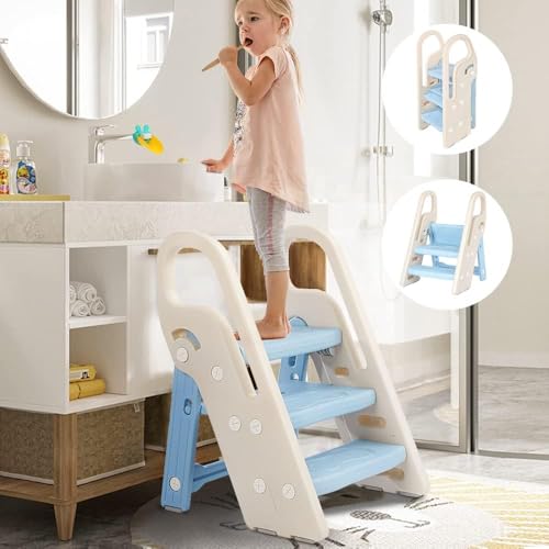 Growaystory Tritthocker für Kinder, Trittleiter Klappbar mit 3 Stufen, Faltbarer Höhenverstellbar, Sicherer, Lernturm, Trittschemel, Tritt-Schemel Kinderschemel für Baby (Blau) von Growaystory