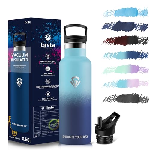 Grsta Thermosflasche, Trinkflasche Edelstahl 500ML, Trinkflasche mit Strohhal, BPA-frei, Trinkflasche Sport, Vakuumisolierte, Wasserflasche für Fitness,Schule, Gym, Büro von Grsta