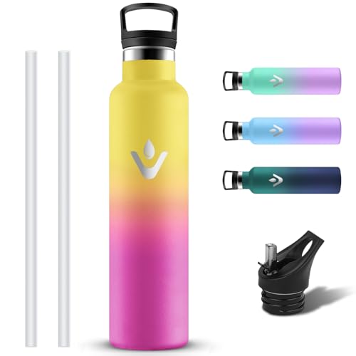 Grsta Trinkflasche Edelstahl, Trinkflasche 1l mit Strohhalm, Thermoskanne Kohlensäure Geeignet, Auslaufsicher Isolierte Wasserflasche, BPA-frei Thermosflasche mit 2 Deckel für Outdoor, Reisen, Travel von Grsta