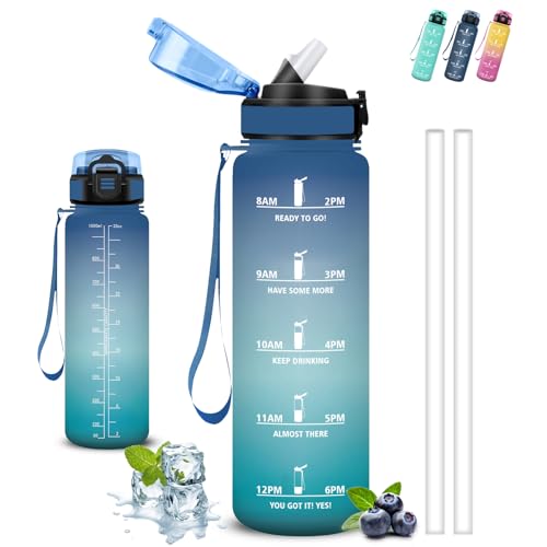 Trinkflasche, Trinkflasche 1l, Trinkflasche mit Strohhalm, Leicht zu Reinigen, Trinkflasche Auslaufsicher, Kann mit dir Tragen, Trinkflasche Motivation, Wasserflasche für Wandern, Fitness, Camping von Grsta