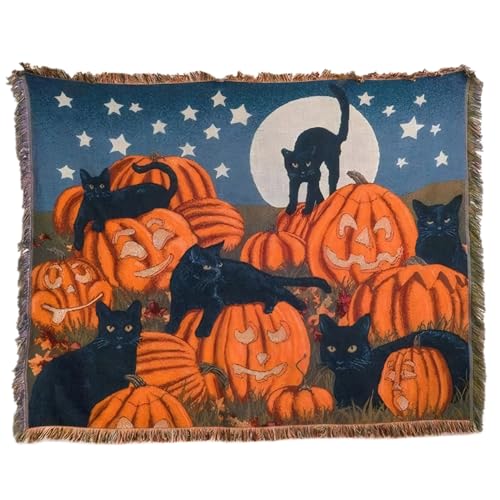 Grtheenumb Halloween -Wurfdecke, Halloween -Decke, Vintage Black Cat & Pumpkin Throw, 63x51 in weicher Baumwoll- und Leinensturz mit Quasten für Büro, für die Ferien Grtheenumb Halloween -Wurfdecke, Halloween -Decke, Vintage Black Cat & Pumpkin Throw, 63x51 in weicher Baumwoll- und Leinensturz mit Quasten für Büro, für die Ferien von Grtheenumb