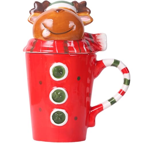 Grtheenumb Keramikkaffeetasse mit Deckel, Weihnachtskaffeetassen 13, 5oz Keramikbecher mit Deckel einzigartiger Elch-Top-Weihnachten mit ergonomischem Griff für Feiertage von Grtheenumb