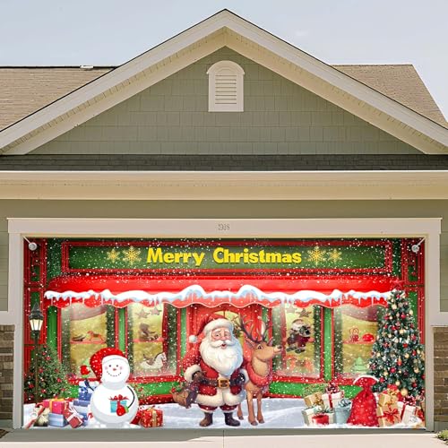Extra große Garagentorabdeckung mit Aufschrift "Merry Christmas", Weihnachtsmann, Rentier und Schneemann Hintergrund – Weihnachtsdekoration für Zuhause, Hof, Veranda, Party von Grtuspr