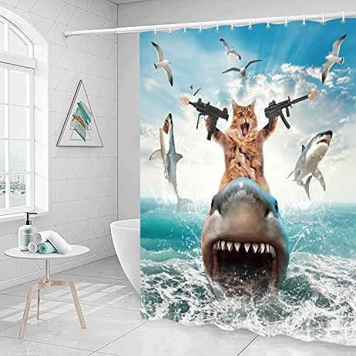 Grtuspr Lustiger Duschvorhang, Bauernhaus-Katzen-Duschvorhänge für Badezimmer, lustige Katze, reitender Hai auf blauem Ozean, Duschvorhang, 175 x 178 cm von Grtuspr