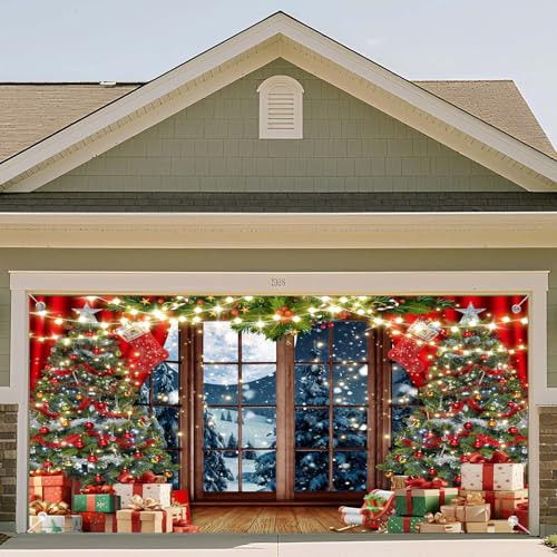 Weihnachts-Garagentor-Abdeckung, Dekoration, rustikale Holzfenster, Weihnachts-Garagentor-Abdeckung, Hintergrund mit Vollmond-Baum, Geschenke, Winterurlaub-Banner für Terrasse, Outdoor, Urlaub von Grtuspr