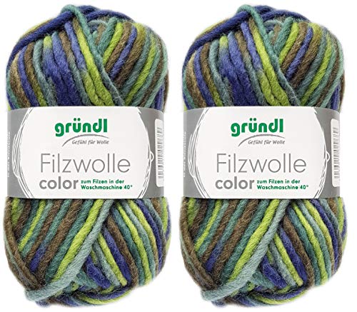 2x50 Gramm Gründl Filzwolle inkl. Anleitung für Topflappen (Color Farben, 22 Grün Blau) von Gründl Wolle/ HdK-Versand