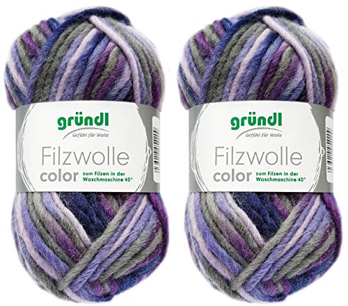 2x50 Gramm Gründl Filzwolle inkl. Anleitung für Topflappen (Color Farben, 32 Brombeer Flieder Grau) von Gründl