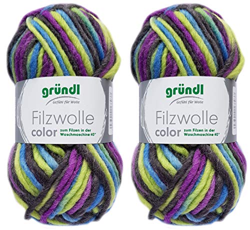 2x50 Gramm Gründl Filzwolle inkl. Anleitung für Topflappen (Color Farben, 42 Lila Blau Grün) von Gründl Wolle/ HdK-Versand