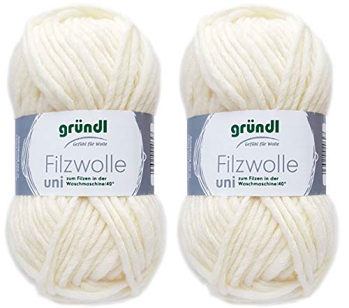 2x50 Gramm Gründl Filzwolle inkl. Anleitung für Topflappen (Uni Farben, 01 Wollweiss) von Gründl