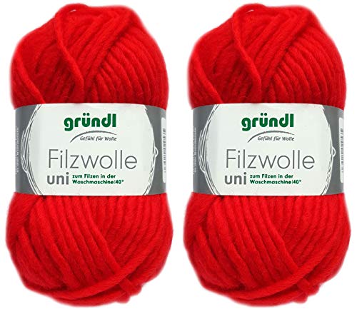 2x50 Gramm Gründl Filzwolle inkl. Anleitung für Topflappen (Uni Farben, 09 Rot) von Gründl