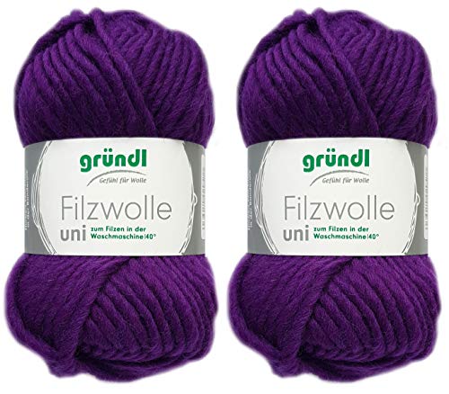 2x50 Gramm Gründl Filzwolle inkl. Anleitung für Topflappen (Uni Farben, 11 Lila) von Gründl