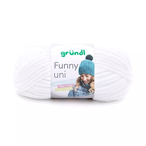 Gründl Funny uni Strick- & Häkelgarn (samtartiges Chenille-Garn aus 100% Polyester, 100 g / 120 m, Nadelstärke: 5-6, 1 x 100 g), weiß von Gründl