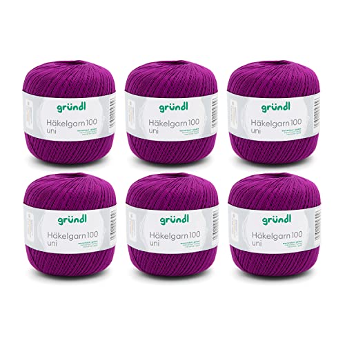 Gründl Wolle Häkelngarn 100 - dünne sommerliche Wolle zum Häkeln - Glänzend und waschbar - Baumwollgarn - 100 % Baumwolle - 6 Knäuel 100 g / 566 m - Nadelstärke 1,5 - 2 - purpur von Gründl