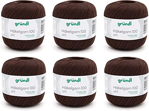 Gründl Wolle Häkelngarn 100 - dünne sommerliche Wolle zum Häkeln - Glänzend und waschbar - Baumwollgarn - 100 % Baumwolle - 6 Knäuel 100 g / 566 m - Nadelstärke 1,5 - 2, schokolade von Gründl