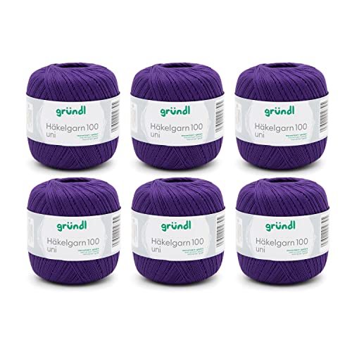 Gründl Wolle Häkelngarn 100 - dünne sommerliche Wolle zum Häkeln - Glänzend und waschbar - Baumwollgarn - 100 % Baumwolle - 6 Knäuel 100 g / 566 m - Nadelstärke 1,5 - 2, lila von Gründl