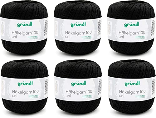 Gründl Wolle Häkelngarn 100 - dünne sommerliche Wolle zum Häkeln - Glänzend und waschbar - Baumwollgarn - 100 % Baumwolle - 6 Knäuel 100 g / 566 m - Nadelstärke 1,5 - 2, schwarz von Gründl