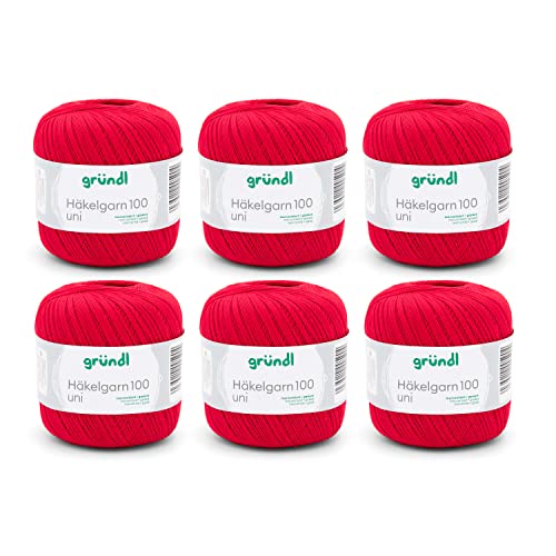 Gründl Wolle Häkelngarn 100 - dünne sommerliche Wolle zum Häkeln - Glänzend und waschbar - Baumwollgarn - 100 % Baumwolle - 6 Knäuel 100 g / 566 m - Nadelstärke 1,5 - 2, signalrot von Gründl