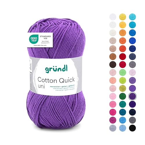 Gründl Cotton Quick Uni Strickgarn/Häkelgarn, 1 Knäuel à 50 g (farbenfrohes Garn aus 100% Baumwolle, OEKO-TEX zertifiziert, 50 g / 125 m, Nadelstärke: 3-4, 1 x 50 g), Violett von Gründl