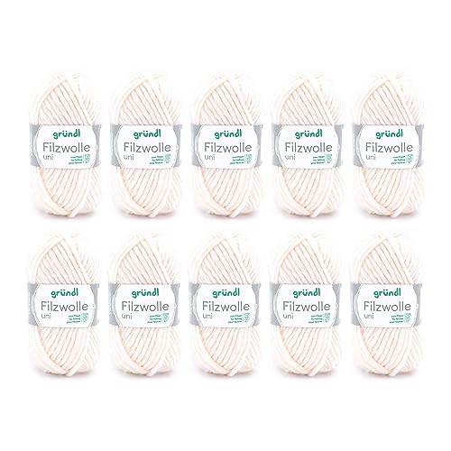 Gründl Filzwolle uni (Wolle zum Filzen, Stricken und Häkeln, Garn aus 100 % Schurwolle, 50 g / 50 m, Nadelstärke: 8 - 9, 10 x 50 g), Creme, 31 x 32 x 7.5 cm von Gründl