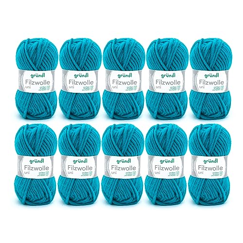 Gründl Wolle Filzwolle uni - Dicke Wolle zum Filzen in der Waschmaschine - Strickgarn zum Filzen - Weich und hautfreundlich - 100 % Schurwolle - 10 Knäuel 50 g /50 m -Nadelstärke 8 -9 - Türkisgrün von Gründl