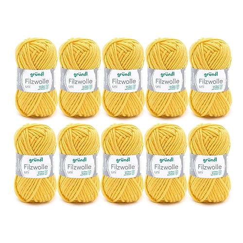 Gründl Wolle Filzwolle uni - Dicke Wolle zum Filzen in der Waschmaschine - Strickgarn zum Filzen - Weich und hautfreundlich - 100 % Schurwolle - 10 Knäuel 50 g /50 m -Nadelstärke 8 -9 - Zitrone von Gründl