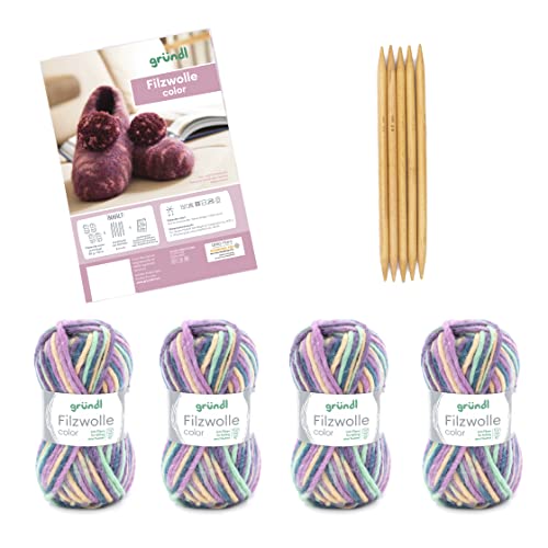 Gründl Strickset Filzwolle color, (OEKO-TEX zertifiziert, 100 % Schurwolle, 4 x 50 g +Nadel 8 - 9+ Anleitung für Hausschuhe), 25 x 16 x 7 cm, rose-grün-multicolor von Gründl