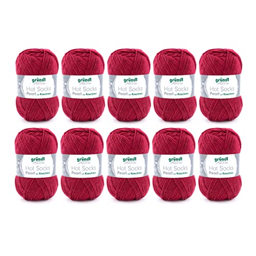 Gründl Hot Socks Pearl uni Strickwolle (kuschelig weiche Sockenwolle aus 75 % Merinowolle, 20 % Polyamid, 5 % Kaschmir, 50 g / 200 m, Nadelstärke: 2,5 - 3, 10 x 50 g), Kirsche, 40 x 37 x 11 cm von Gründl