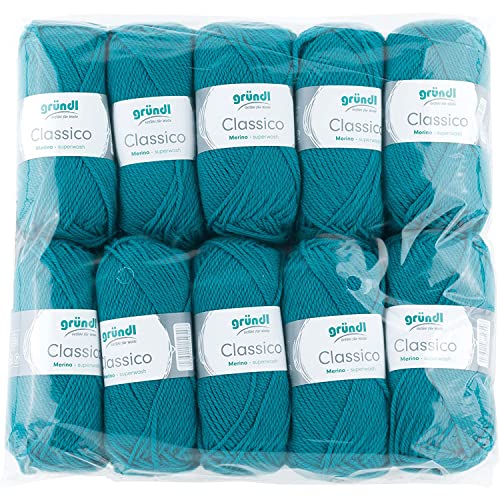 Gründl Classico Wolle (OEKO-TEX® zertifiziertes Strickgarn/Häkelgarn aus 50% Schurwolle (Merino superwash) & 50% Polyacryl, 50 g/120 m, Nadelstärke: 3,5-4,5, 10 Knäuel á 50 g), Petrol von Gründl