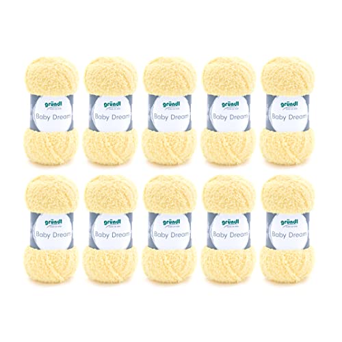 Gründl Wolle Baby Dream - weiche Wolle zum Häkeln und Stricken - Babywolle - Babygarn - Weich und hautfreundlich - 100% Polyester - 10 Knäuel 50 g / 136 m - Nadelstärke 5-6 - hellgelb von Gründl