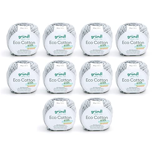 Gründl Wolle Eco Cotton - Wolle zum Häkeln - Wolle zum Stricken - Häkelgarn - Weich und hautfreundlich - 100% Bio-Baumwolle - 10 Knäuel 50 g / 105 m - Nadelstärke 3,5-4,5 - pastell grau von Gründl