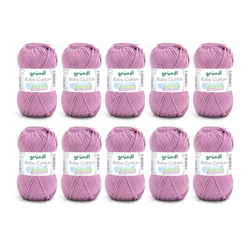 Gründl Baby Cotton Wolle zum Stricken und Häkeln, Babywolle aus 50% Baumwolle, 50% Polyacryl, strapazierfähig und pflegeleicht, 50 g / 140 m, Nadelstärke: 3,5-4,5, 10 x 50 g), flieder von Gründl