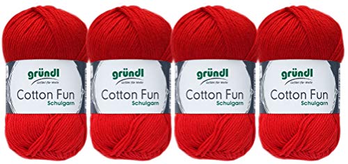 Gründl 4x50 Gramm Cotton Fun Woll Set SB Pack inkl. Anleitung für EIN Einkaufsnetz, Einkaufstasche mit Häkelnadel (06 Rot) von Gründl