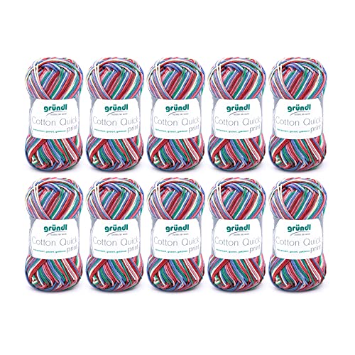 Gründl Wolle Cotton Quick print - dünne Wolle zum Häkeln mit Farbverlauf - Strickgarn - Glänzend und hautfreundlich - 100 % Baumwolle - 10 Knäuel 50 g / 125 m - Nadelstärke 3 - 4 - Rot-Blau-Gelb von Gründl
