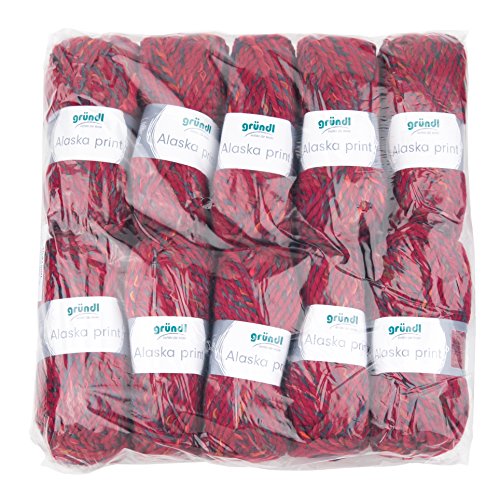 Gründl Alaska print (Strick- und Häkelgarn mit wollartigem Charakter aus 80 % Polyacryl und 20 % Wolle, 100 g / 75 m, Nadelstärke: 10 - 12, 10 x 100 g), Cherry Color von Gründl
