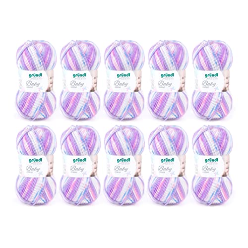 Gründl Wolle Baby color - Babywolle zum Häkeln und Stricken mit Farbverlauf - Weich und hautfreundlich - 70 % Polyacryl, 30 % Polyamid - 10 Knäuel 50 g / 150 m - Nadelstärke 3,5 -4,5 - flieder-weiß von Gründl