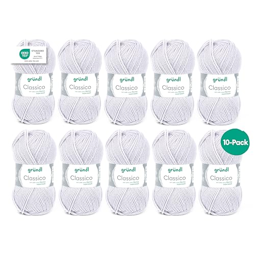 Gründl Wolle Classico - Dicke Wolle zum Stricken und Häkeln - Strickgarn - Weich und hautfreundlich - 50 % Merinowolle, 50 % Polyacryl - 10 Knäuel 50 g / 120 m - Nadelstärke 3,5 - 4,5 - hellgrau von Gründl