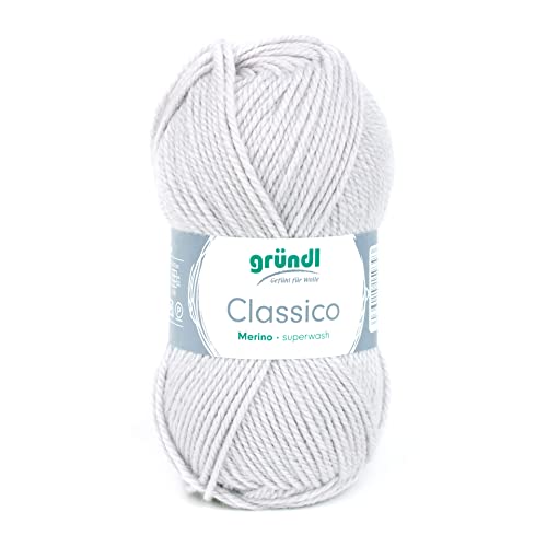 Gründl Classico Wolle (OEKO-TEX® zertifiziertes Strickgarn aus 50% Schurwolle (Merino) & 50% Polyacryl, 50 g/120 m, Nadelstärke: 3,5-4,5, 1 Knäuel á 50 g), Hellgrau von Gründl